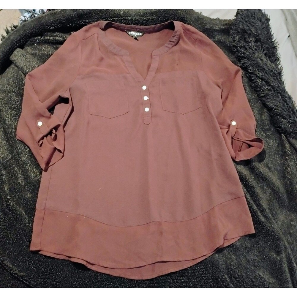 EXPRESS Women's Burgundy 3/4 Sleeve V-Neck Button Down Blouse Top